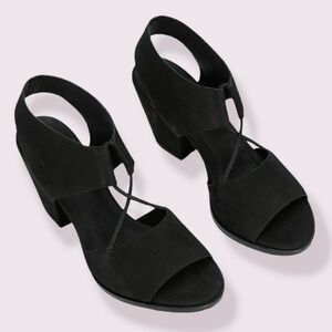 Eileen Fisher Doe Tumbled Nubuck Sandal Black Suede Block Heel Size 8.5